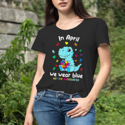 Cute Baby Dino Autism April We Wear Blue Autism Awareness Month Shirt