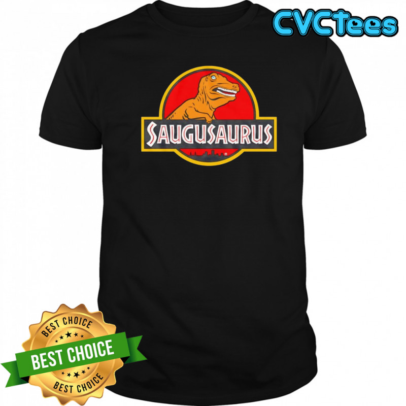 Saugusaurus Orange Dinosaur logo shirt