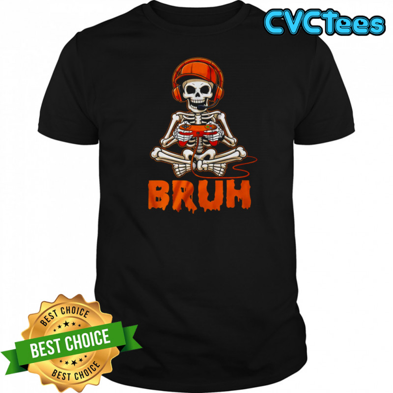 Bruh Halloween Boys Kids Gamer Mens Skeleton Video Gaming shirt