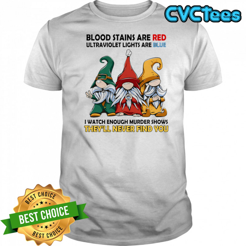 Gnome blood stains are red ultraviolet lights are blue shirt