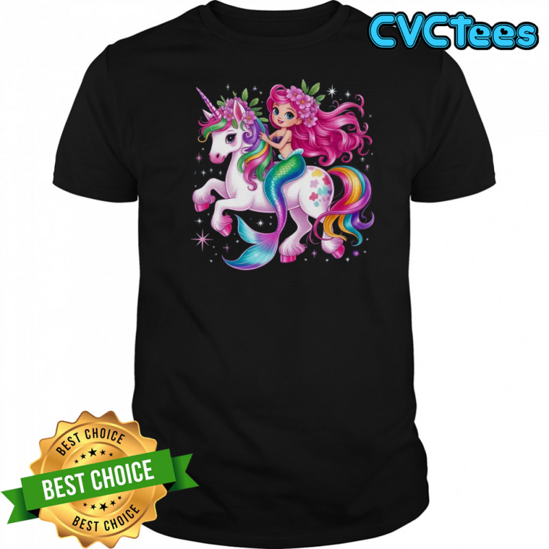 Mermaid Riding A Unicorn Girls Women Kids Adults Rainbow shirt
