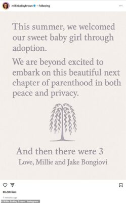 Millie Bobby Brown and Jake Bongiovi have adopted a baby girl