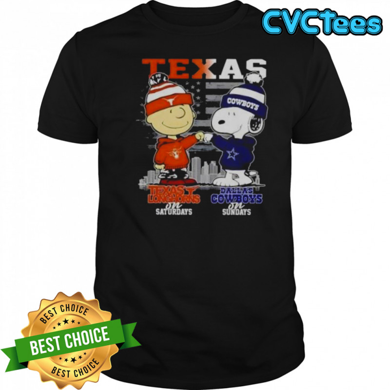 Charlie Brown Texas Longhorns On Saturdays X Snoopy Dallas Cowboys On Sundays Skyline T-Shirt Charlie Brown Texas Longhorns On Saturdays X Snoopy Dallas Cowboys On Sundays Skyline T-Shirt