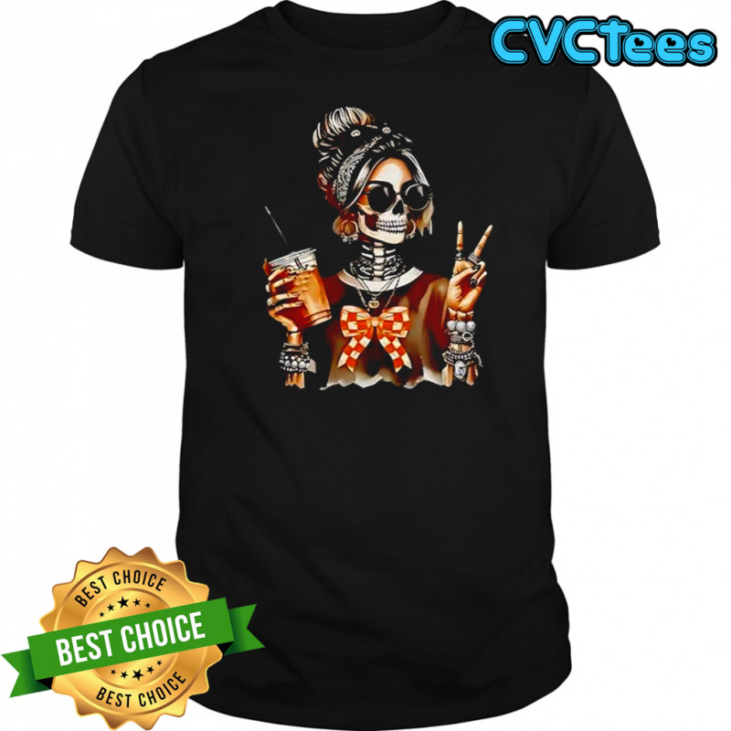 Cool skeleton girl with bandana coffee cup and peace sign shirt