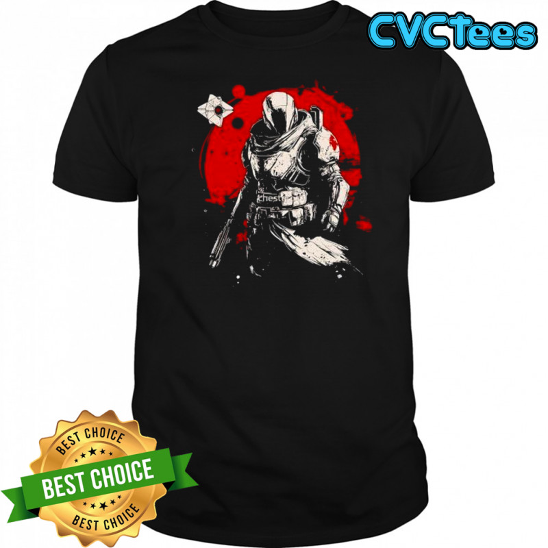 Dark armored soldier with ghost drone red circle grunge warrior shirt