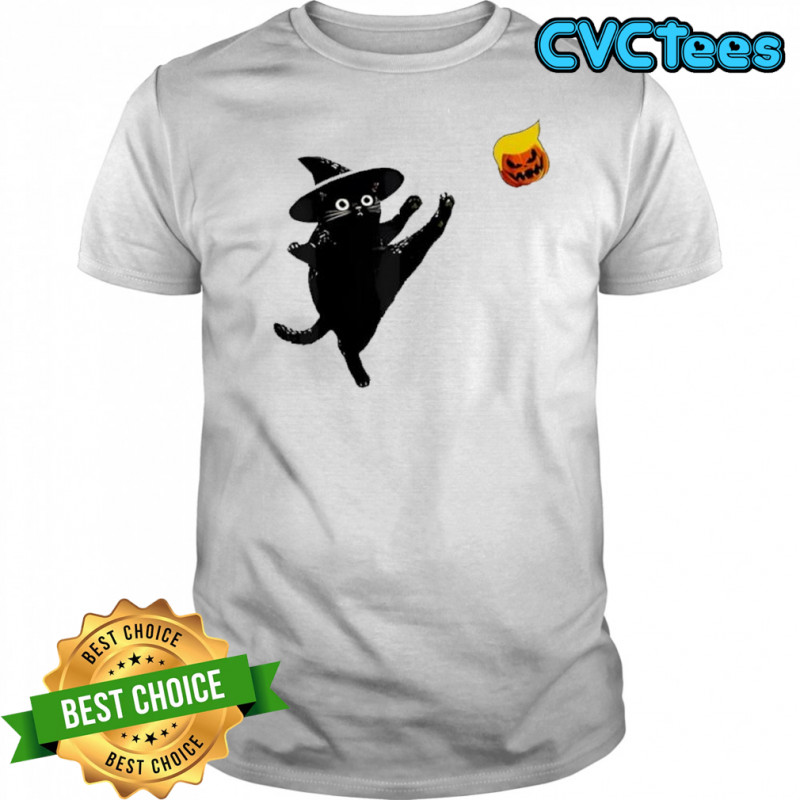 Black Cat Witch Kicking Pumpkin Funny Halloween funny shirt