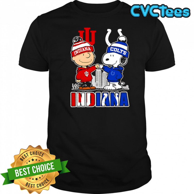 Charlie Brown and Snoopy wearing Indiana Hoosiers and Indianapolis Colts logo shirt