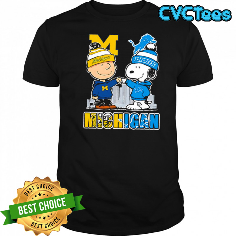 Charlie Brown and Snoopy wearing Michigan Wolverines and Detroit Lions logo shirt