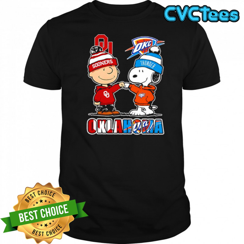 Charlie Brown and Snoopy wearing Oklahoma Sooners and Oklahoma City Thunder logo shirt
