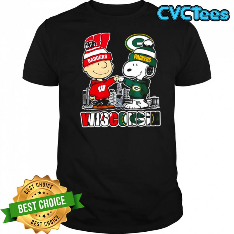 Charlie Brown and Snoopy wearing Wisconsin Badgers and Green Bay Packers logo shirt