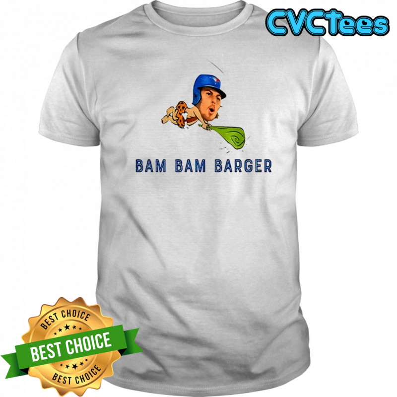 Davis Schneider wearing a Bam Bam Barger MLB shirt