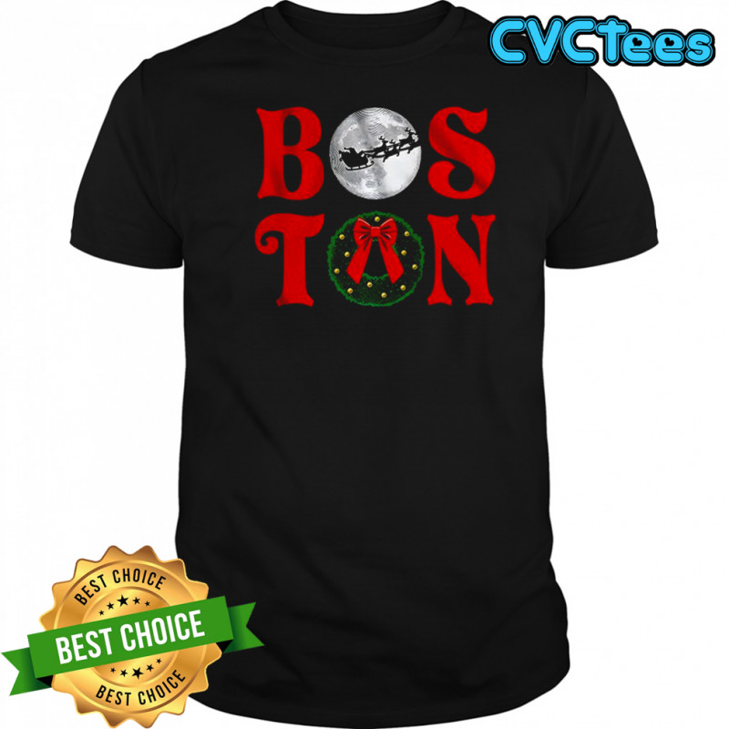 Boston stacked Christmas wreath Santa Claus sleigh flying over the moon shirt
