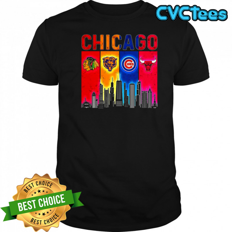 Chicago sports teams Blackhawks Bears Cubs Bulls skyline shirt