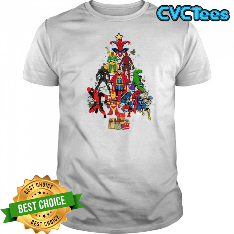 Christmas tree made up of Marvel Comics superheroes shirt