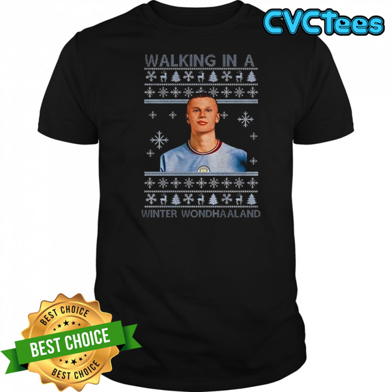 Erling Haaland Manchester City FC walking in a winter wondhaaland Christmas shirt