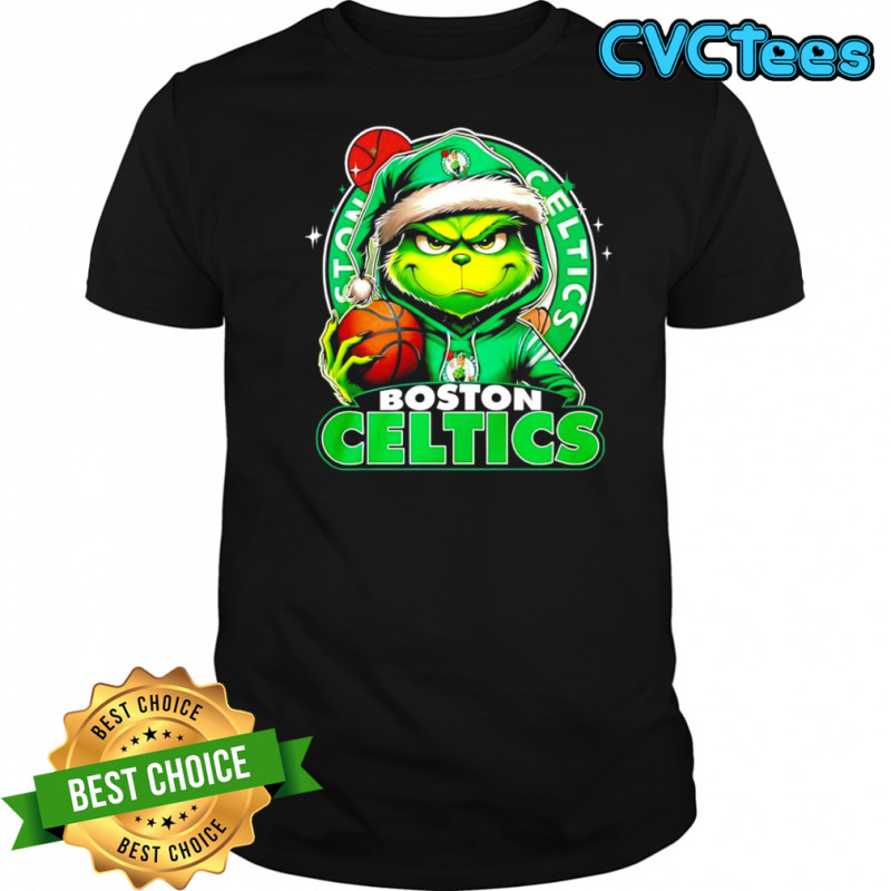 Grinch wearing Santa x Boston Celtics hat Christmas shirt