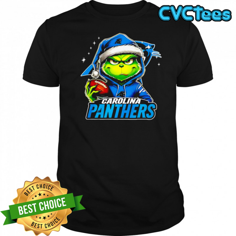 Grinch wearing Santa x Carolina Panthers hat Christmas shirt