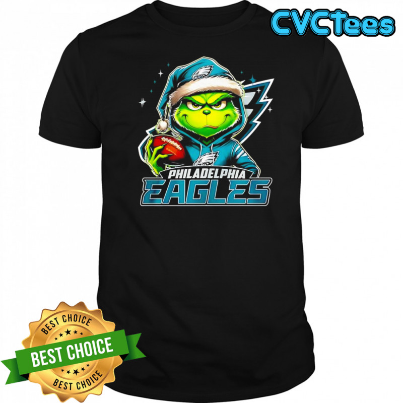 Grinch wearing Santa x Philadelphia Eagles hat Christmas shirt