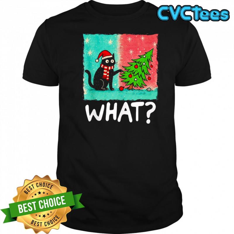 Black Cat What Gift Pushing Christmas Tree shirt