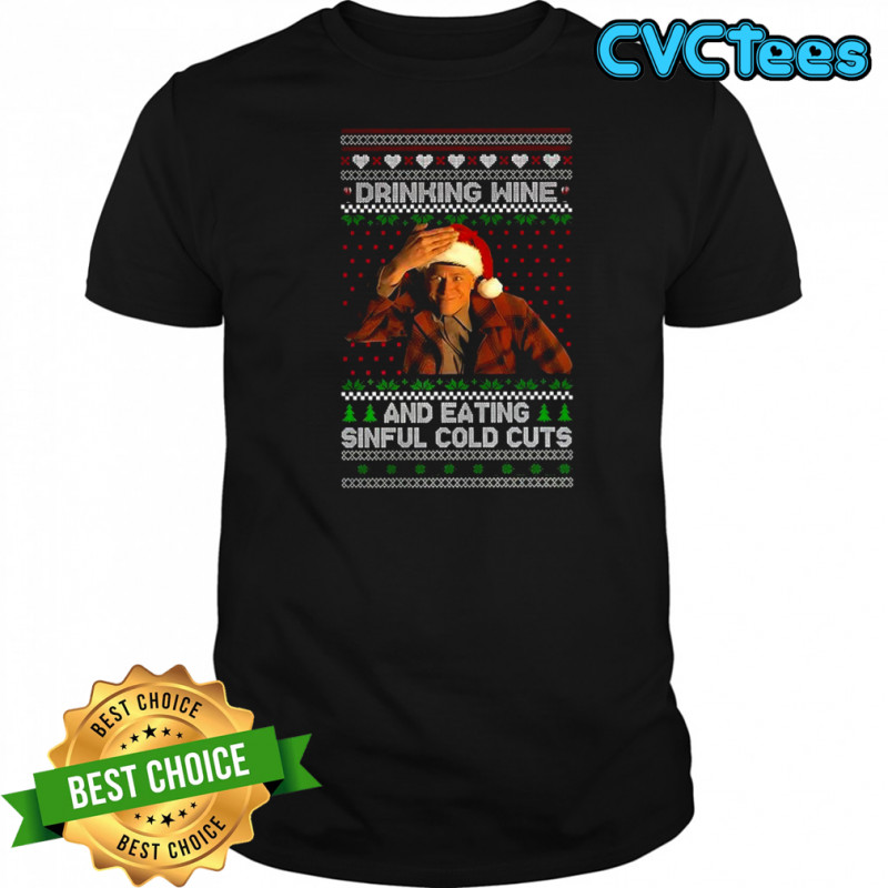 Charlie Hunnam Ed Gein drinking wine sinful cold cuts ugly Christmas shirt