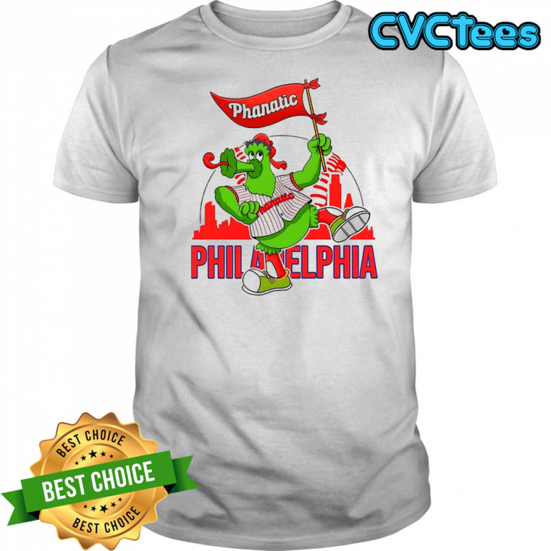Phillie Phanatic dancing Philadelphia Phillies baseball skyline mascot shirt